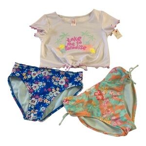Bundle 3Pc Cat & Jack Girls Hawaiian Rash Guard Floral Bikini Bottoms Swimwear L